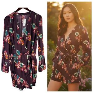 New Ann Taylor LOFT Romper Jumpsuit Sz 16 XL 1X Floral Burgundy Faux Wrap Belted